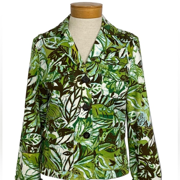 Maggie London Sz6 Green Brown Leaf Print Jacket - Picture 2 of 9